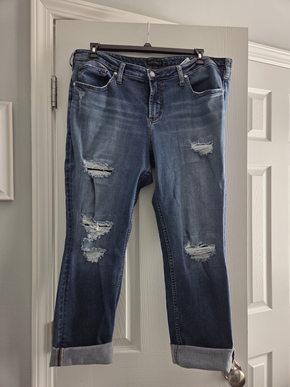 Silver Jeans Distressed Dark Blue Boyfriend Jeans